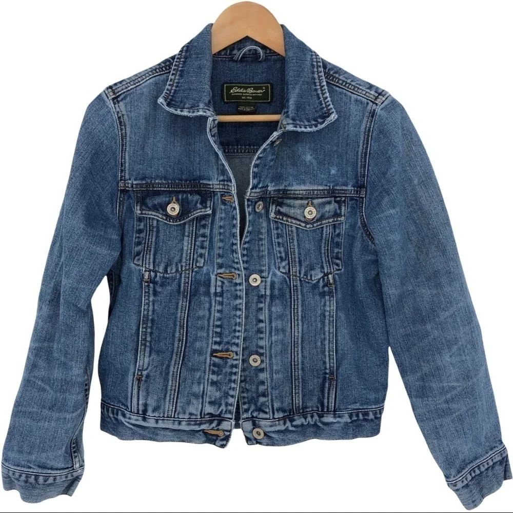 Eddie Bauer distressed blue denim jean jacket